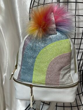 Rainbow Glitter Unicorn Mini Backpack - White with Pastel Accents/Vegan leather